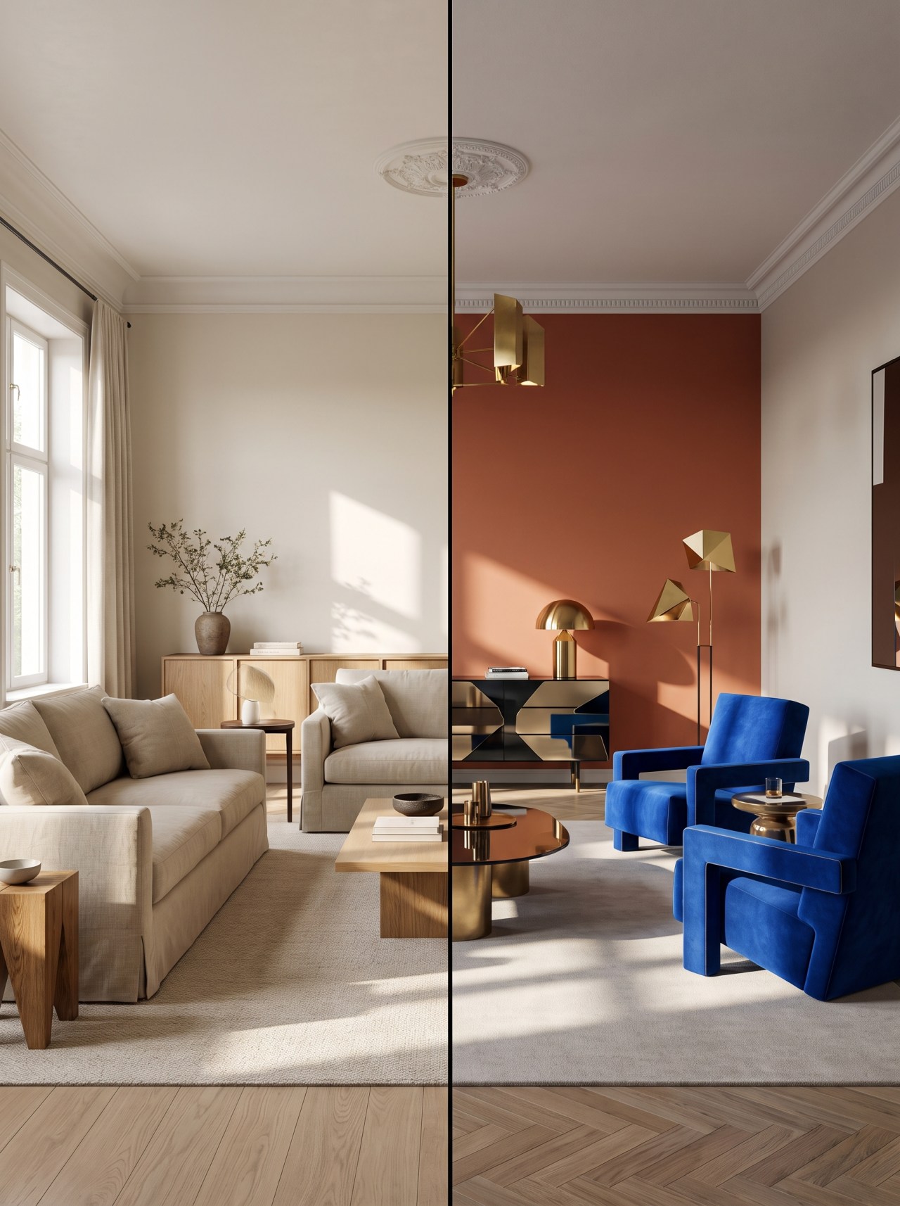 interior design photography comparing timeless and trendy styles